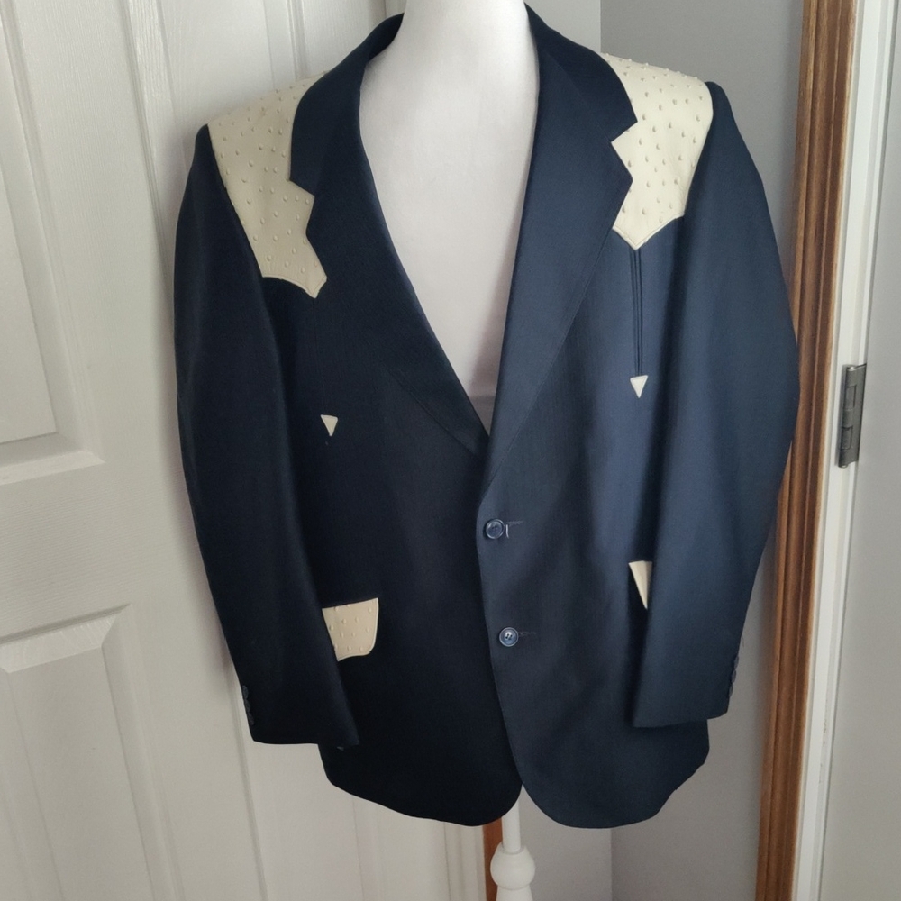 Vintage Far West Navy Blue With Faux Ostrich Accents Western Jacket Size 44